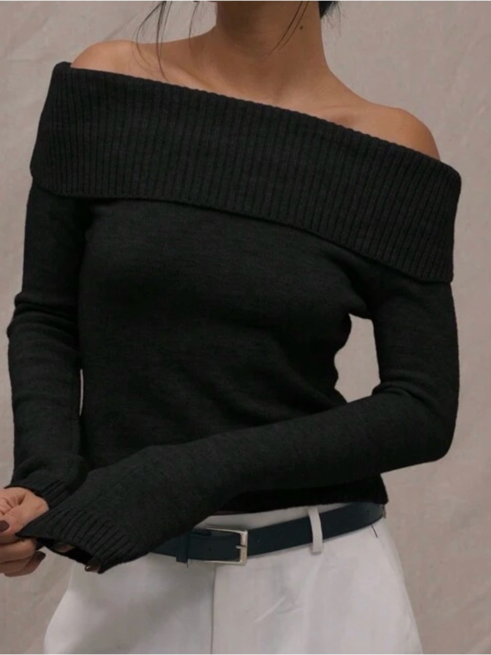 black knitted off-shoulder fold over sweater